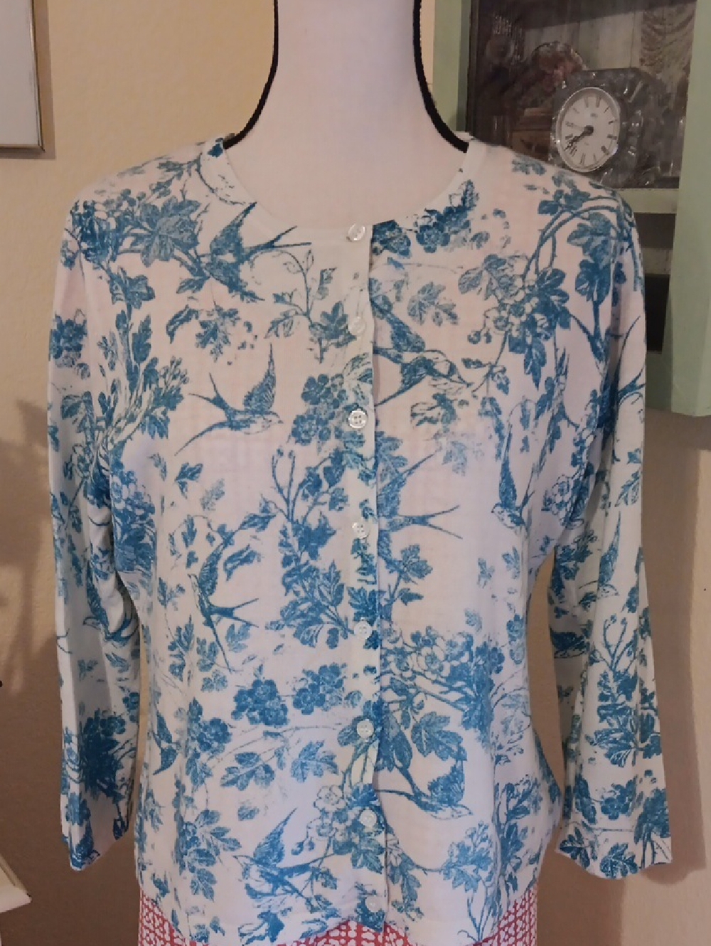 Garnet Hill White Cardigan with Teal Blue Floral & Bird Toile Print, XL, NWOT